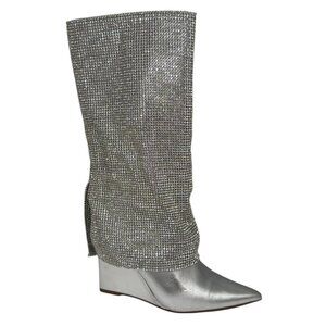 Steve Madden Riski Metallic Leather Rhinestone‎ Foldover Tall Wedge Boots NEW